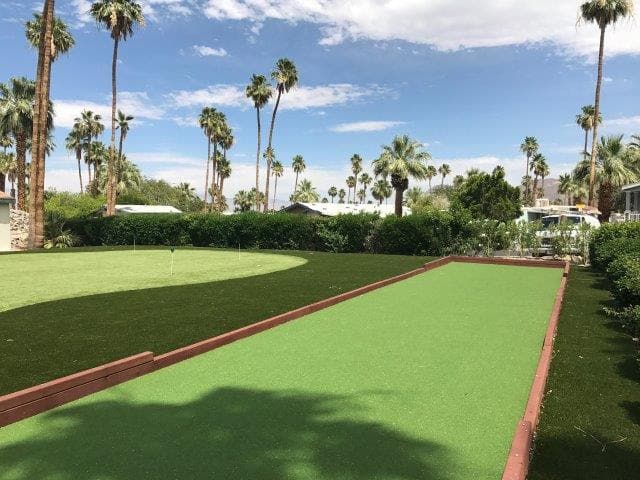 Bocce ball court and putting green with palm trees